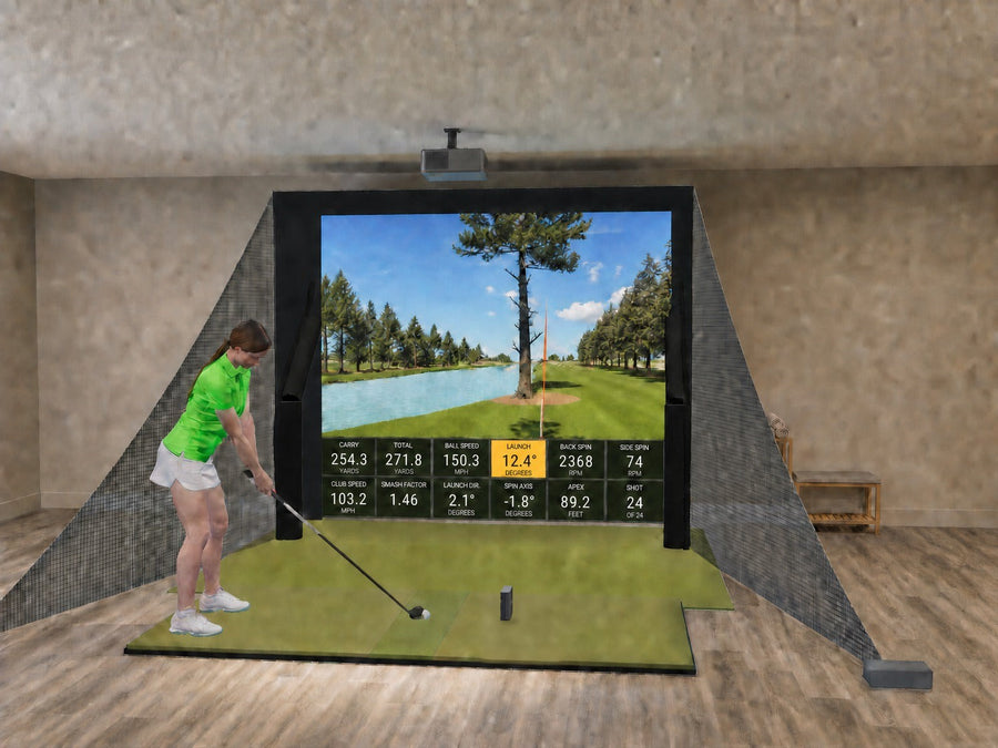 Basement simulator with a SkyTrak ST MAX (3D render)