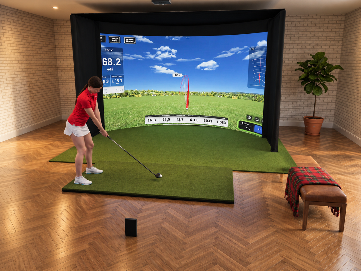Curved All-In-One Golf Simulator with Swing Caddie SC4 PRO (3D render)