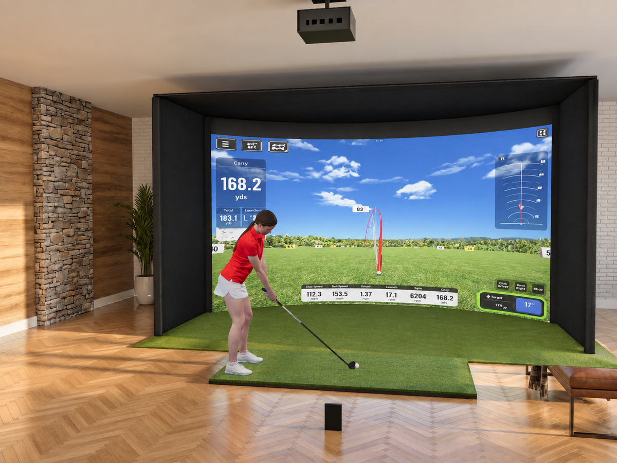 Curved All-In-One Golf Simulator with Swing Caddie SC4 PRO (3D render)