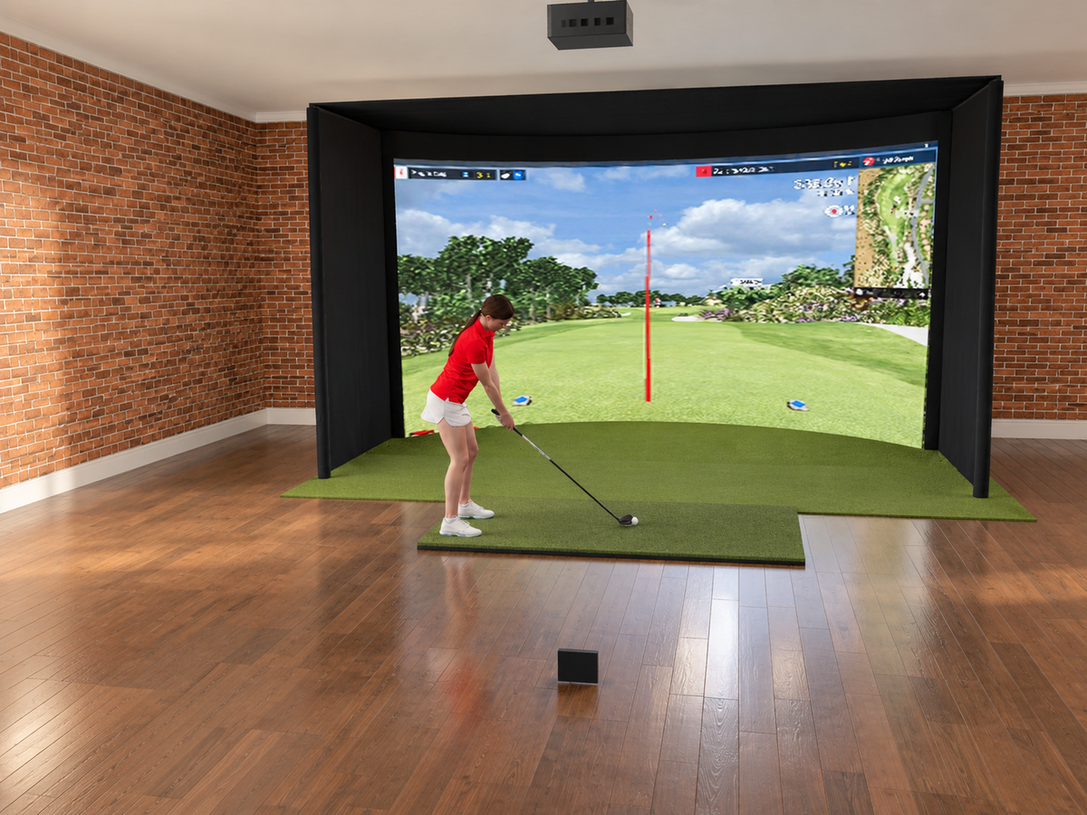 Curved All-In-One Golf Simulator with FlightScope Mevo Gen2 (3D render)