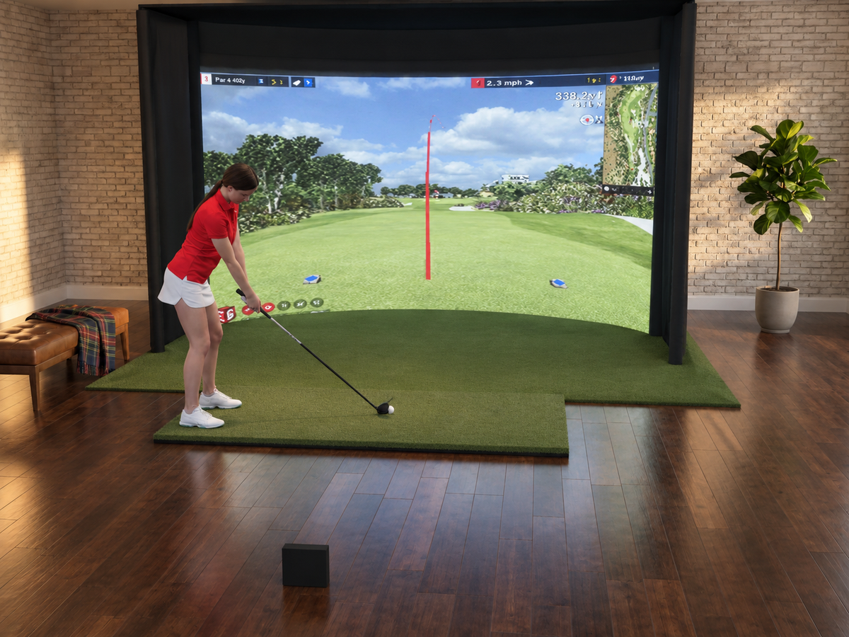 Curved All-In-One Golf Simulator with FlightScope Mevo Gen2 (3D render)