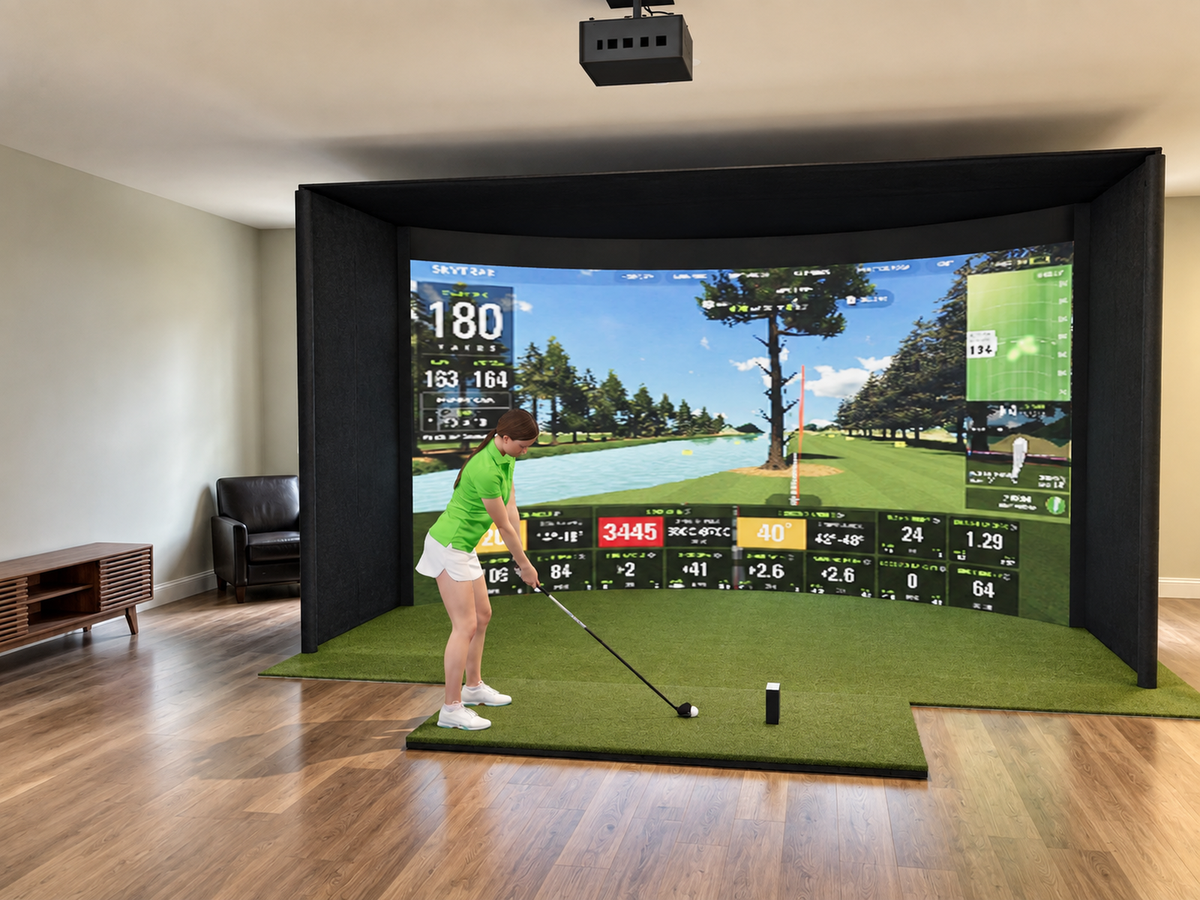 Curved All-In-One Golf Simulator with SkyTrak ST MAX (3D render)