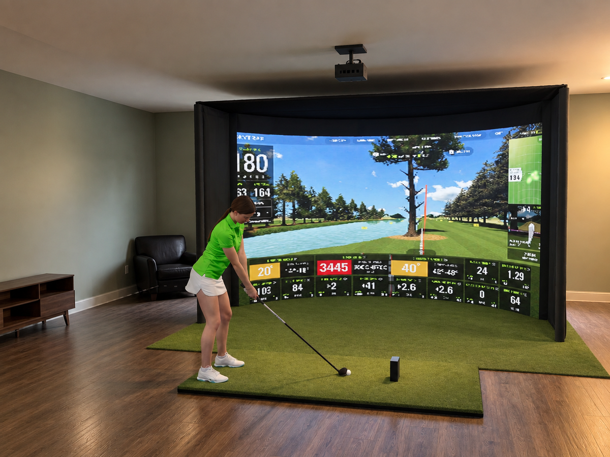 Curved All-In-One Golf Simulator with SkyTrak ST MAX (3D render)