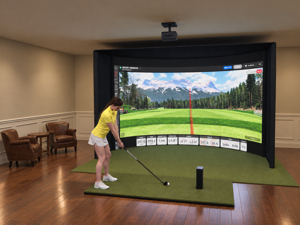 Curved All-In-One Golf Simulator with Uneekor EYE MINI LITE (3D render)