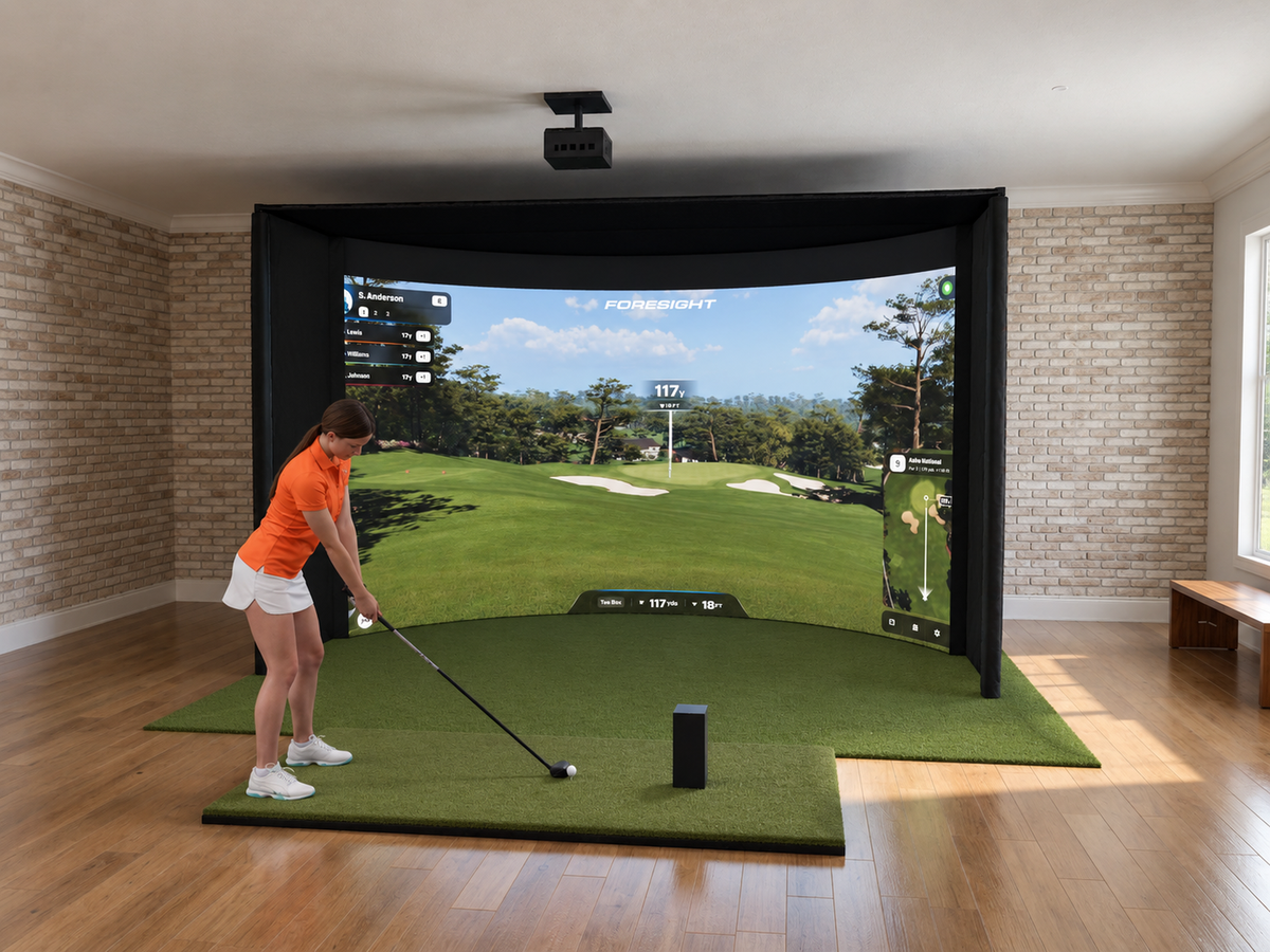 Curved All-In-One Golf Simulator with Bushnell Launch Pro Circle B Edition (3D render)