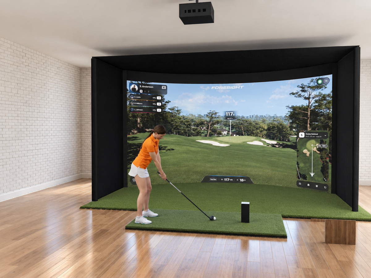 Curved All-In-One Golf Simulator with Bushnell Launch Pro Circle B Edition (3D render)