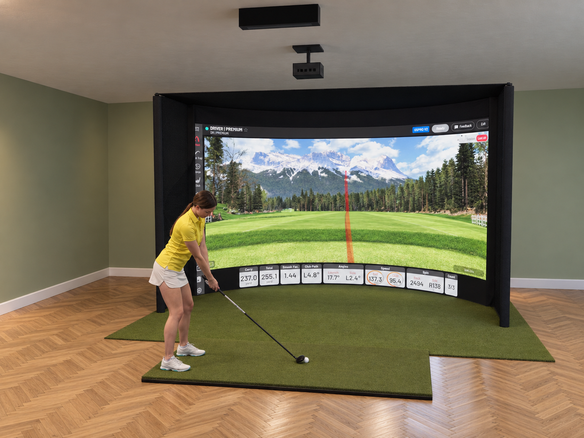 Curved All-In-One Golf Simulator with Uneekor EYE XR (3D render)
