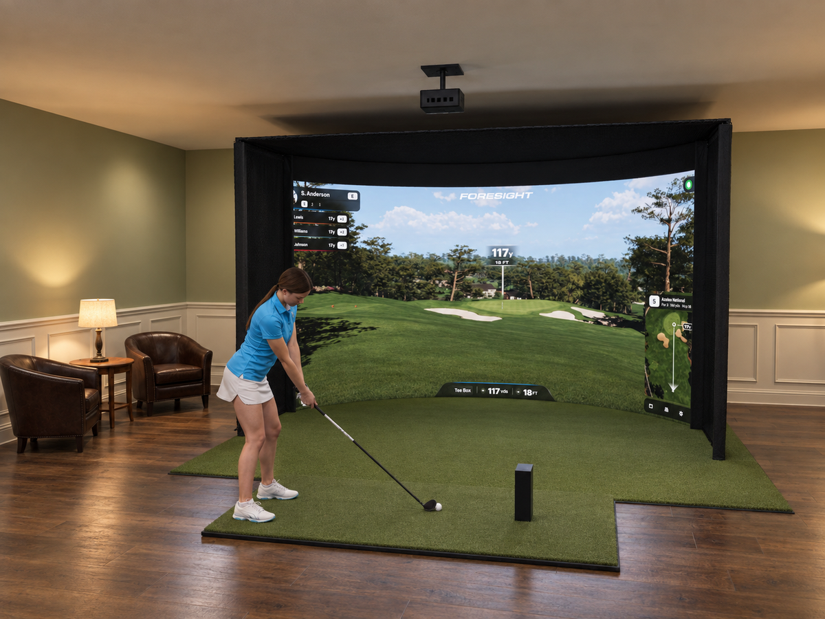 Curved All-In-One Golf Simulator with Foresight Sports QuadMAX (3D render)