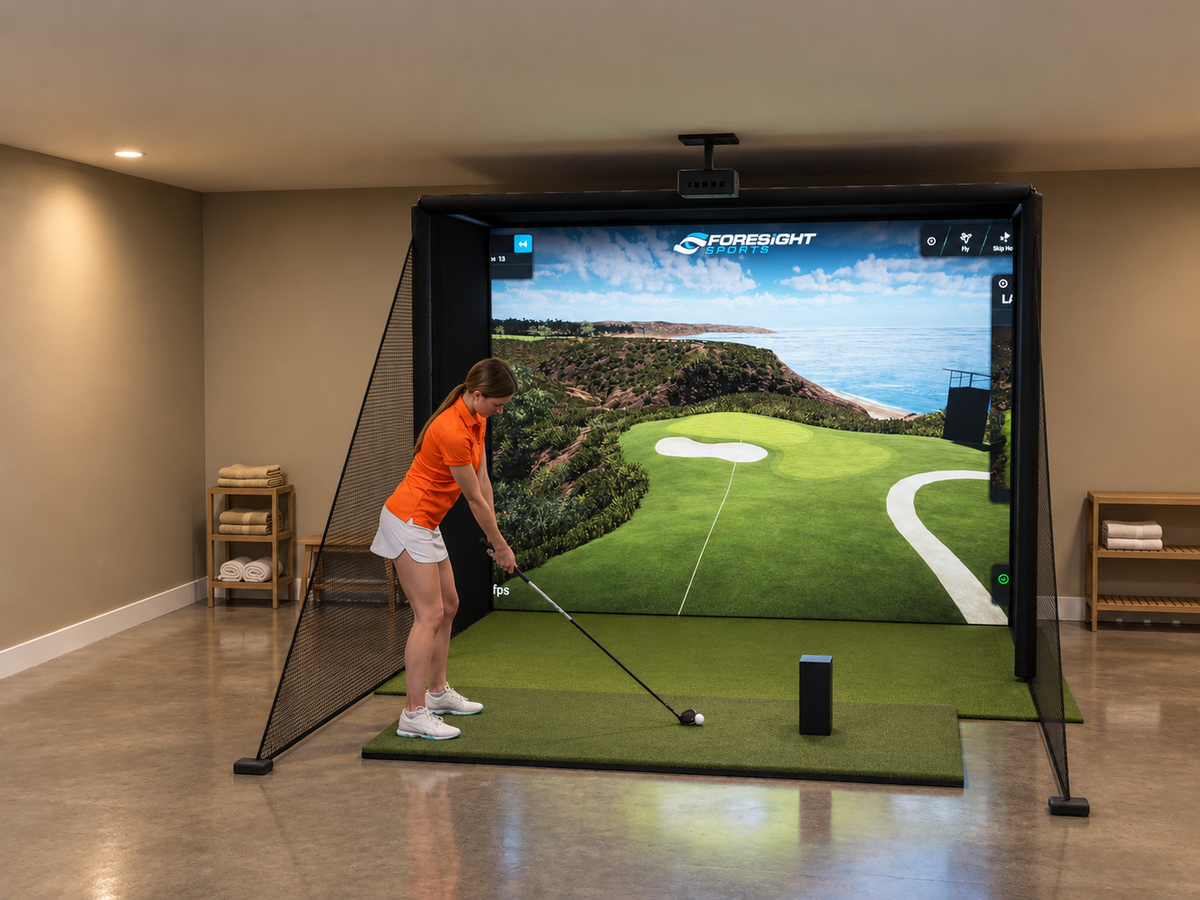 DIY Enclosure Golf Simulator with Bushnell Launch Pro Circle B Edition in a finished room (room image)