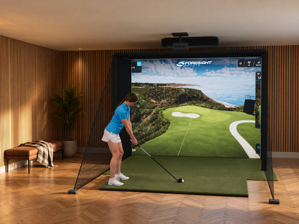 All-In-One Golf Simulator with Foresight Sports Falcon in a finished room (room image)
