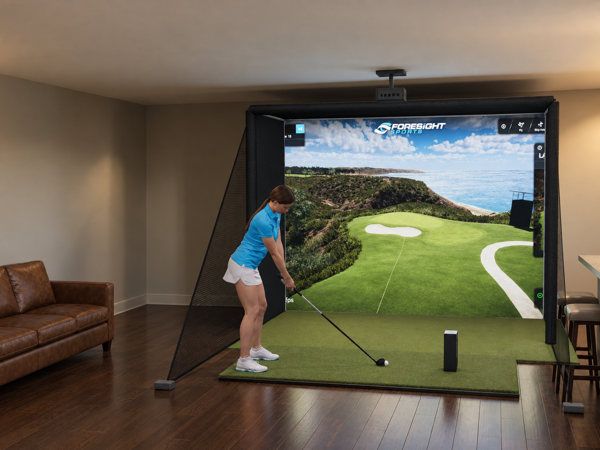 DIY Enclosure Golf Simulator with Foresight Sports QuadMAX in a finished room (room image)