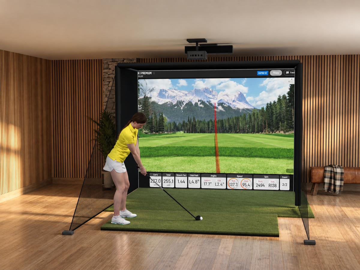 All-In-One Golf Simulator with Uneekor EYE XO (3D render)