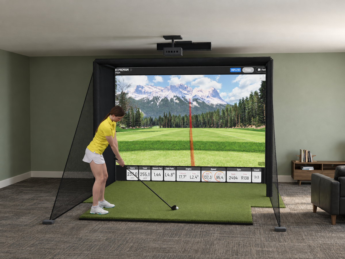 All-In-One Golf Simulator with Uneekor EYE XO2 (3D render)