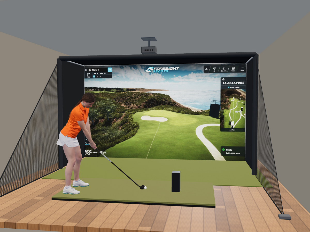 Bushnell LPi Circle B Edition All-In-One Golf Simulator, 13W x 7.7H x 5D enclosure (3D render)