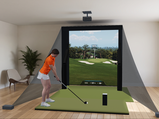 Bushnell Launch Pro Circle B Edition Floating Screen Golf Simulator in a finished room (room image)