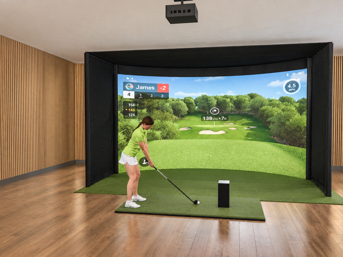 Curved Screen Golf Simulator with Garmin R50 in a finished room (room image)