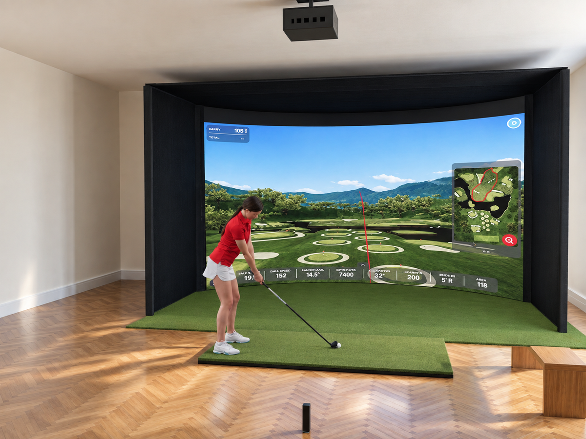Curved Screen Golf Simulator with Rapsodo MLM2PRO in a finished room (room image)