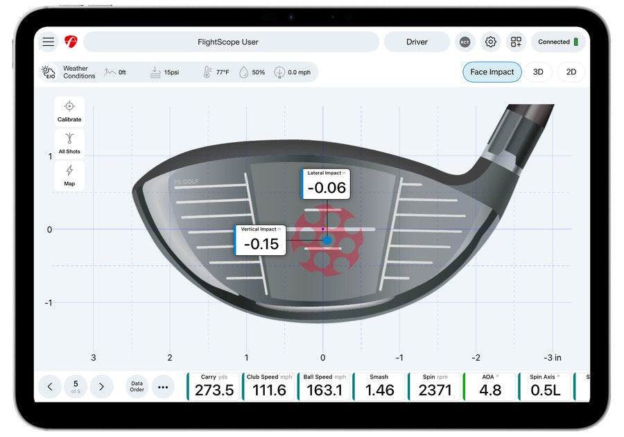 FlightScope Face Impact Location lateral and vertical impact on a driver face in FS Golf on iPad