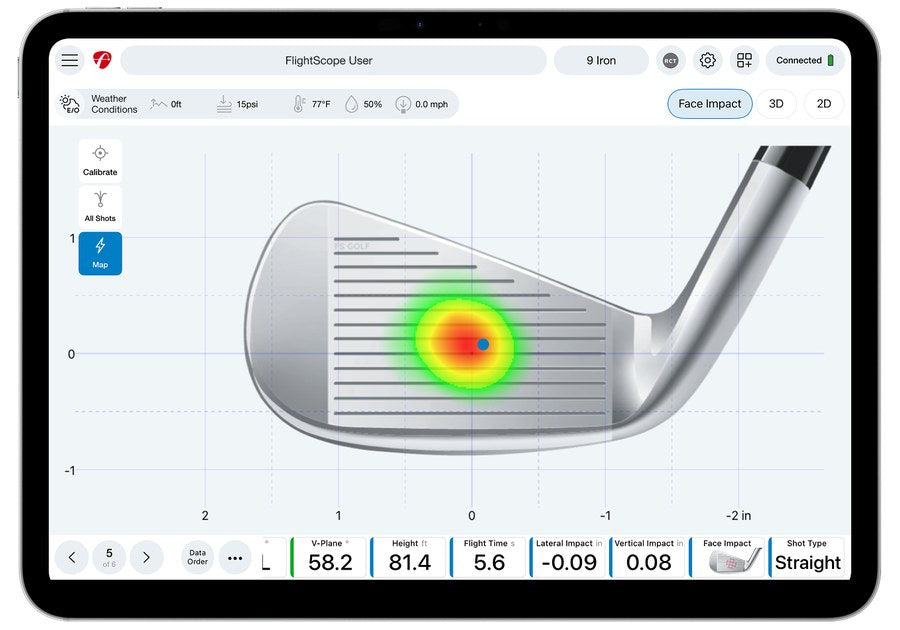 FlightScope Face Impact Location iron heat map in FS Golf on iPad