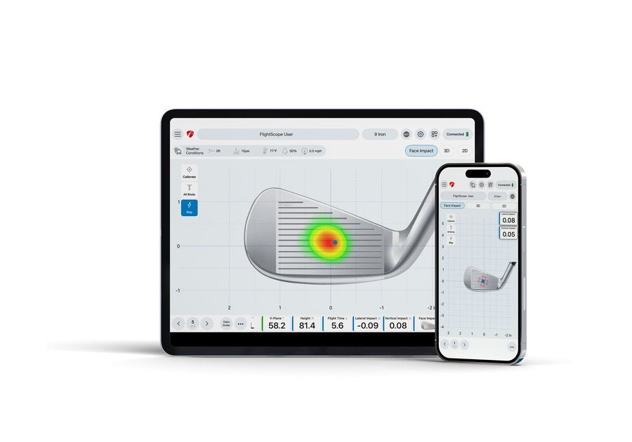FlightScope Face Impact Location 9 iron heat map on iPad and impact location on iPhone in FS Golf