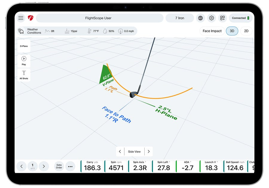FlightScope Pro Package 3D club analysis with club path, face to path, and swing plane in FS Golf on iPad