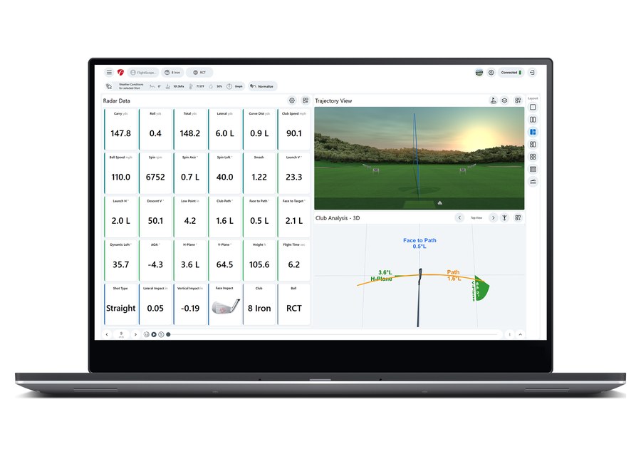 FlightScope Pro Package 3D club analysis with radar data and trajectory on FS Golf PC