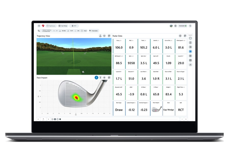 FlightScope Face Impact Location heat map with radar data and trajectory on FS Golf PC