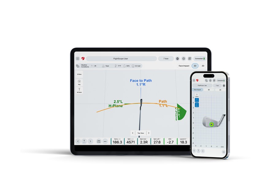 FlightScope Pro Package 3D club analysis on iPad with Face Impact Location on iPhone in FS Golf