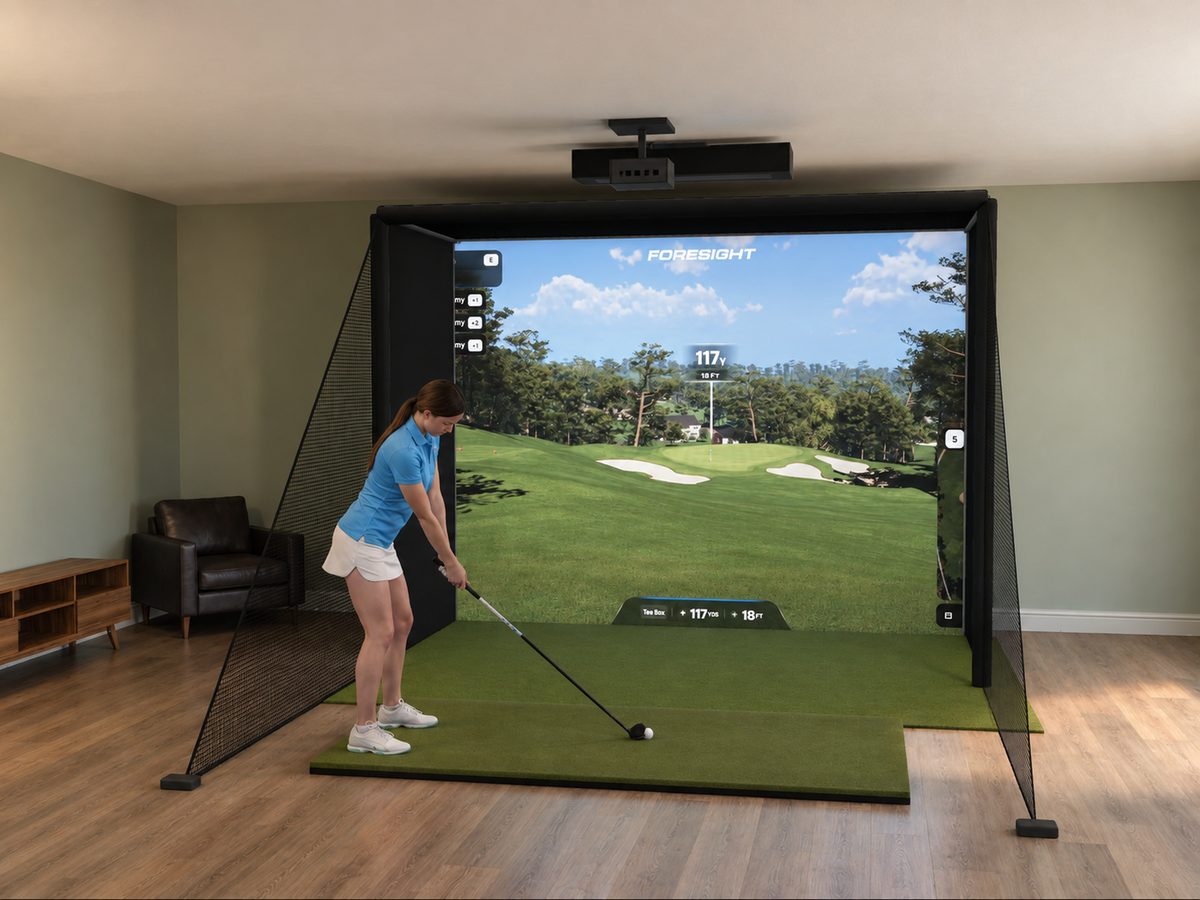 Foresight Sports Falcon All-In-One Golf Simulator, 10.5W x 8H x 5D enclosure (3D render)