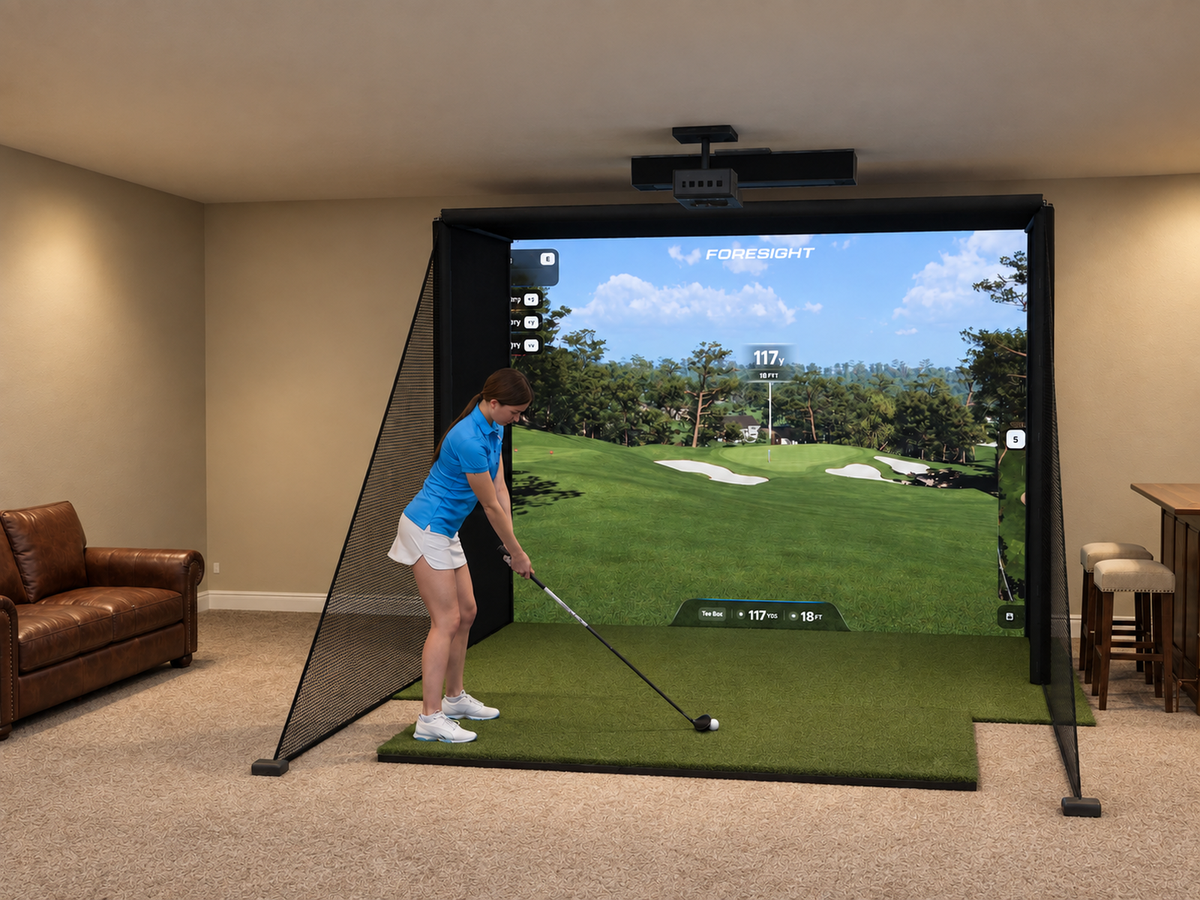 Foresight Sports Falcon All-In-One Golf Simulator, 10W x 7.7H x 5D enclosure (3D render)