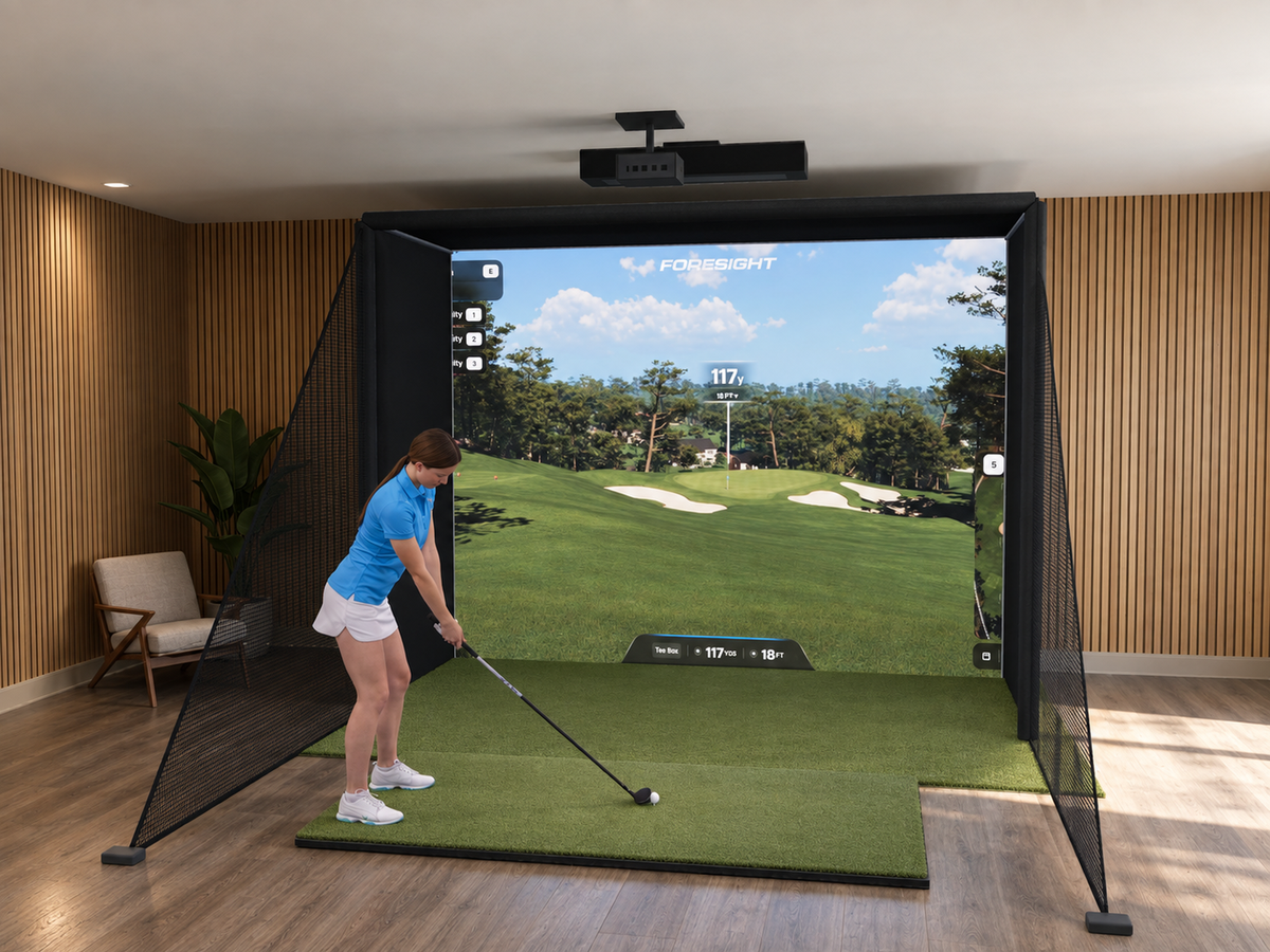Foresight Sports Falcon All-In-One Golf Simulator, 11.5W x 8.5H x 5D enclosure (3D render)