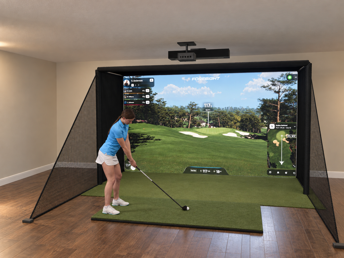 Foresight Sports Falcon All-In-One Golf Simulator, 13W x 7.7H x 5D enclosure (3D render)