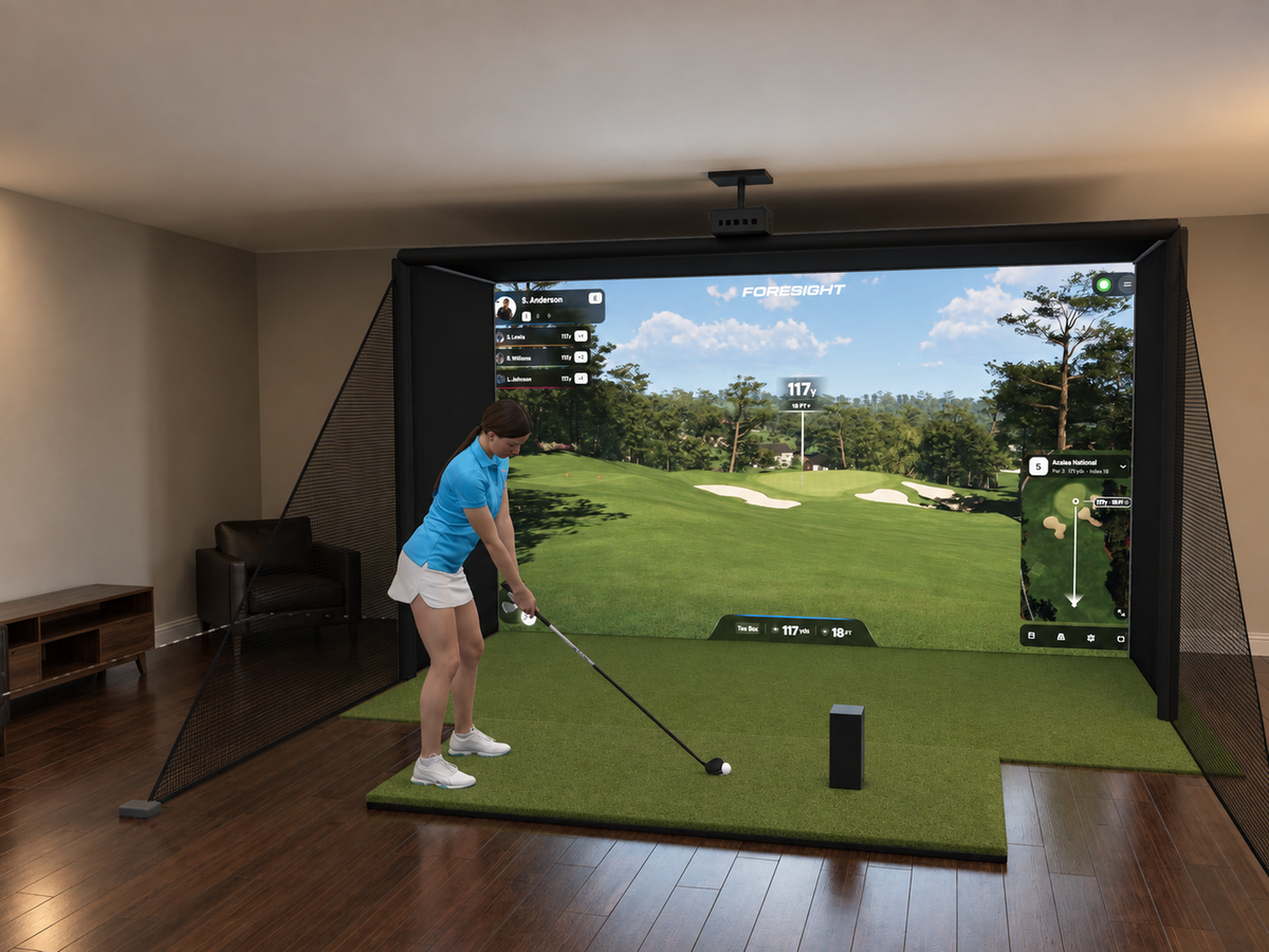 Foresight Sports GC3 All-In-One Golf Simulator, 13W x 7.7H x 5D enclosure (3D render)