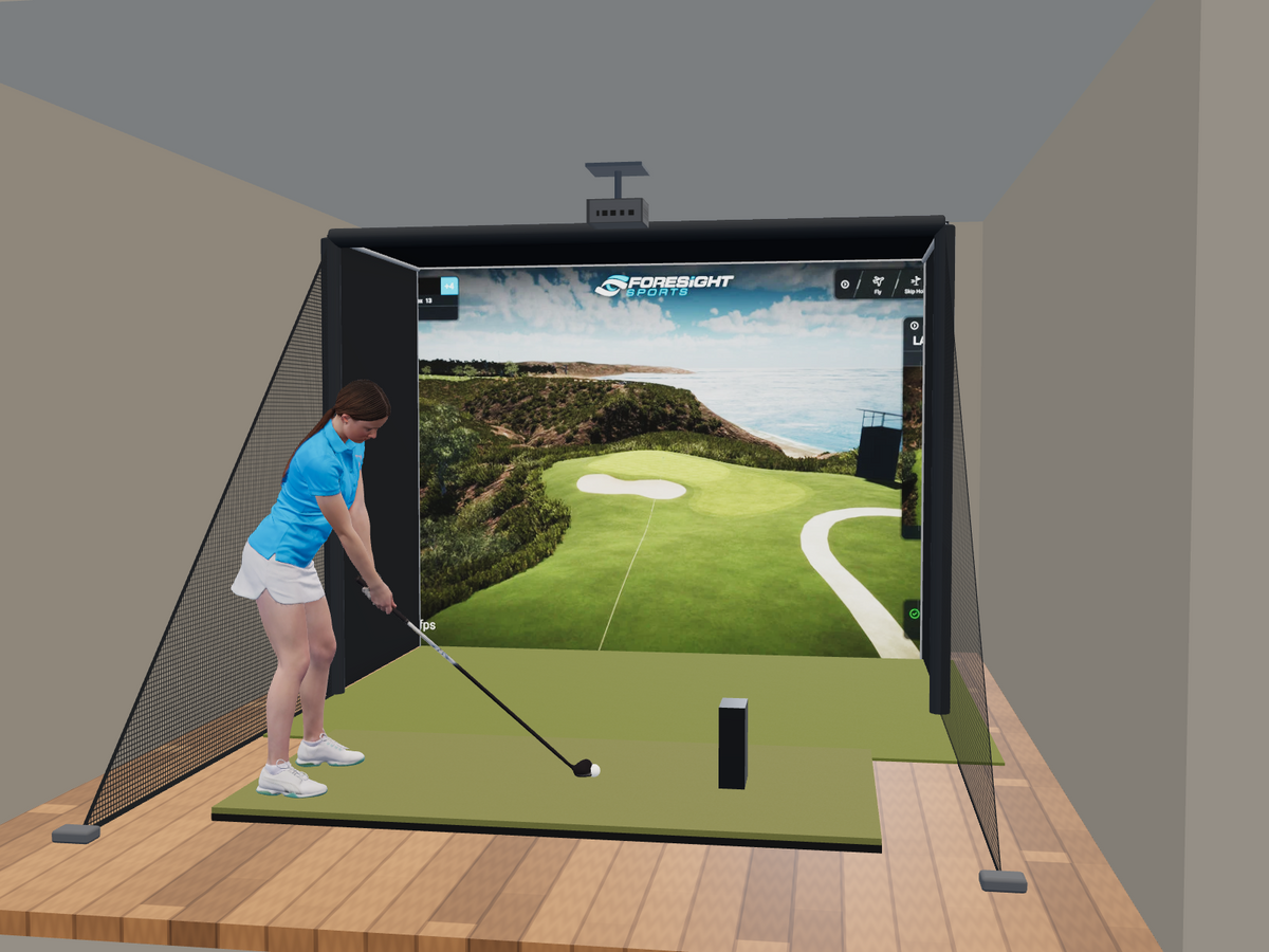Foresight Sports GCQuad All-In-One Golf Simulator, 10W x 7.7H x 5D enclosure (3D render)