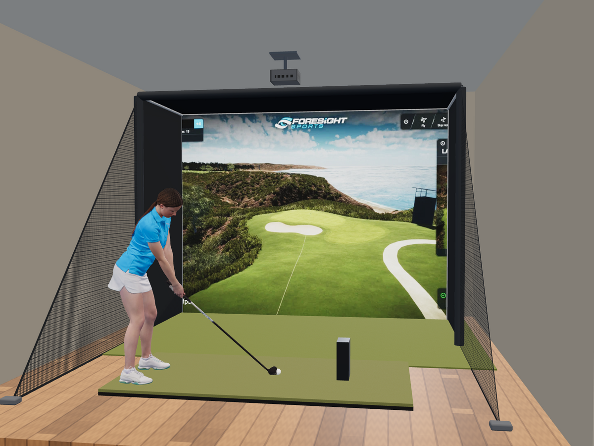 Foresight Sports GCQuad All-In-One Golf Simulator, 11.5W x 8.5H x 5D enclosure (3D render)