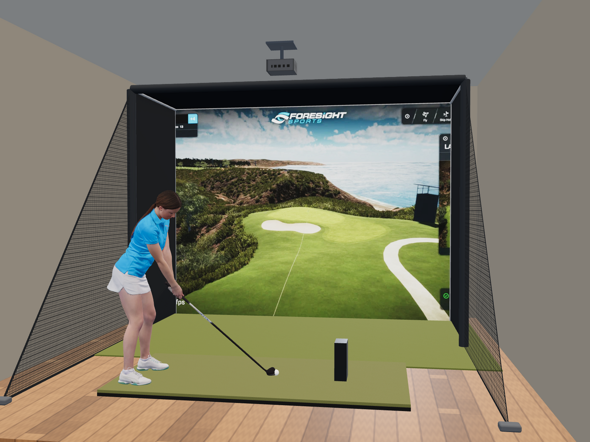 Foresight Sports GCQuad All-In-One Golf Simulator, 12W x 9H x 5D enclosure (3D render)