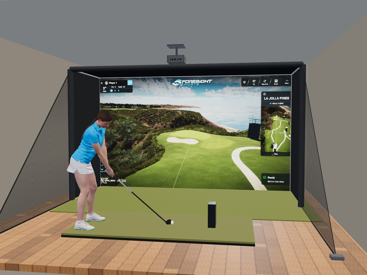 Foresight Sports GCQuad All-In-One Golf Simulator, 13W x 7.7H x 5D enclosure (3D render)