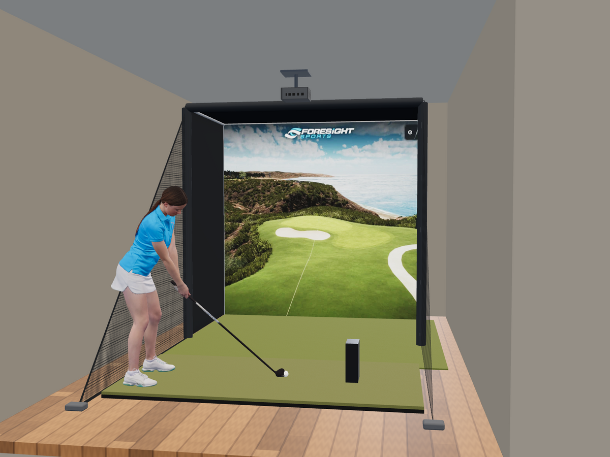 Foresight Sports GCQuad All-In-One Golf Simulator, 8W x 8H x 5D enclosure (3D render)