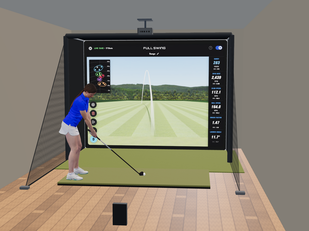 Full Swing KIT All-In-One Golf Simulator, 10.5W x 8H x 5D enclosure (3D render)