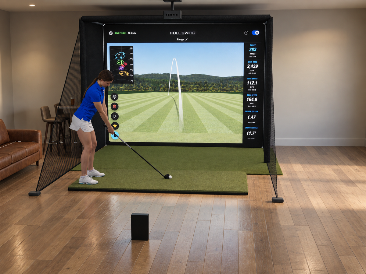 Full Swing KIT All-In-One Golf Simulator, 10W x 7.7H x 5D enclosure (3D render)