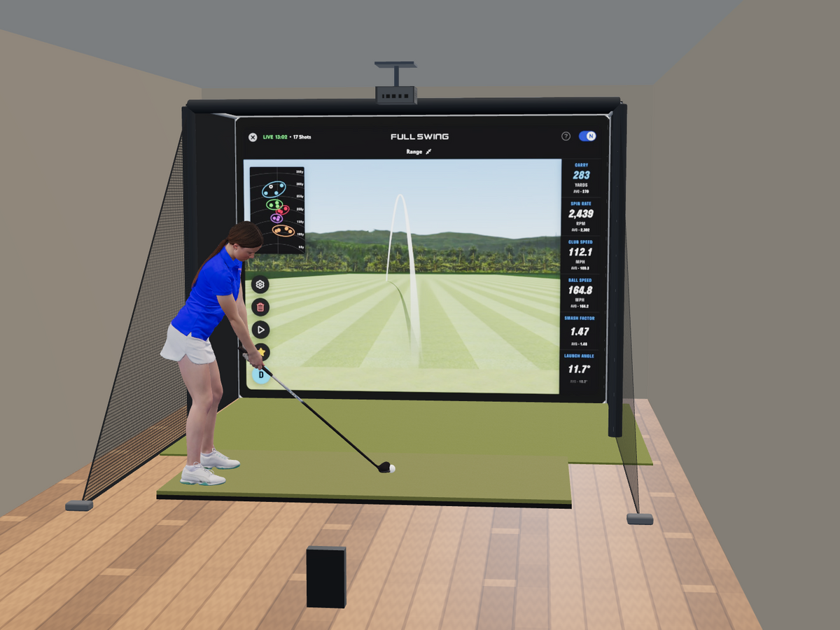Full Swing KIT All-In-One Golf Simulator, 10W x 7.7H x 5D enclosure (3D render)