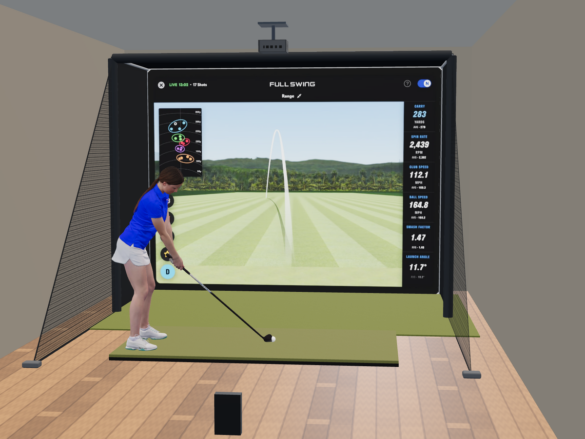 Full Swing KIT All-In-One Golf Simulator, 11.5W x 8.5H x 5D enclosure (3D render)