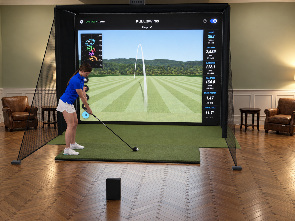Full Swing KIT All-In-One Golf Simulator, 11.5W x 8.5H x 5D enclosure (3D render)