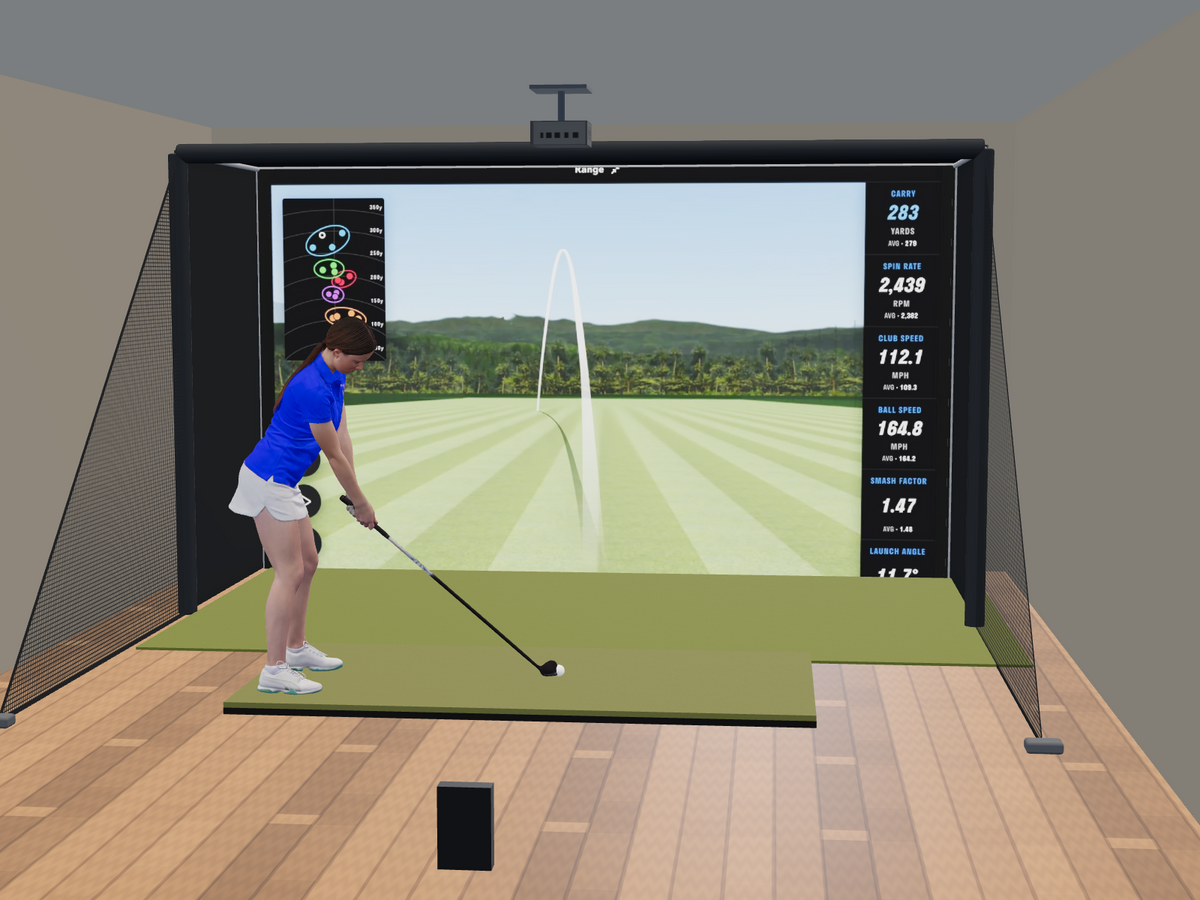 Full Swing KIT All-In-One Golf Simulator, 13W x 7.7H x 5D enclosure (3D render)