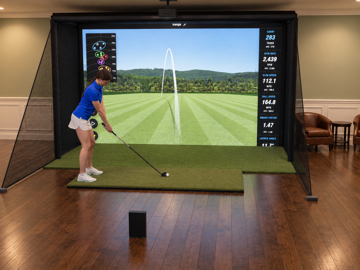 Full Swing KIT All-In-One Golf Simulator, 13W x 7.7H x 5D enclosure (3D render)