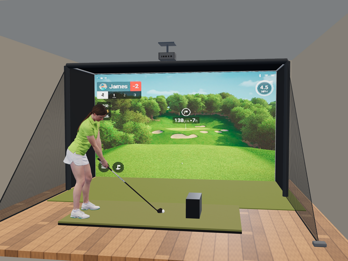 Garmin R50 All-In-One Golf Simulator, 13W x 7.7H x 5D enclosure (3D render)