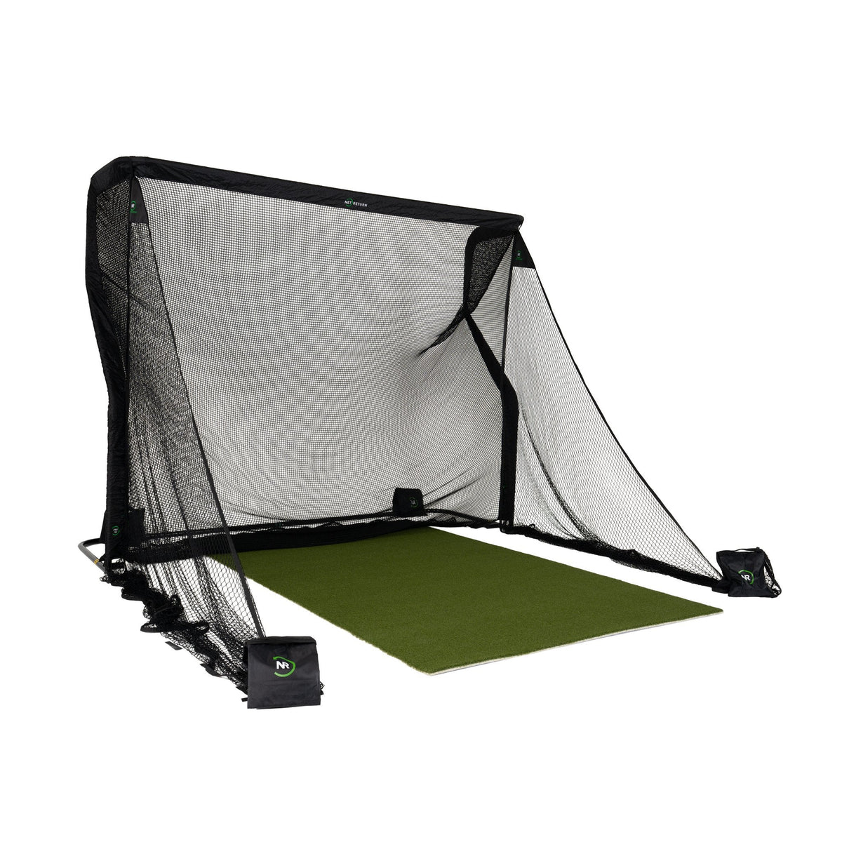 The Net Return Pro Large Golf Package with the Pro 10 net, Pro Turf and side barriers, angled view