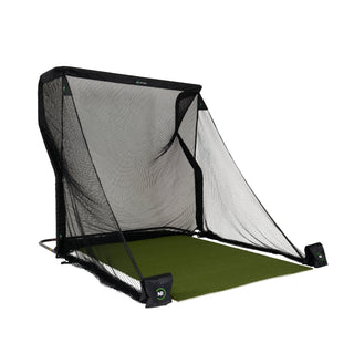 The Net Return Pro Large Golf Package with the Pro 8 net, Pro Turf and side barriers, angled view