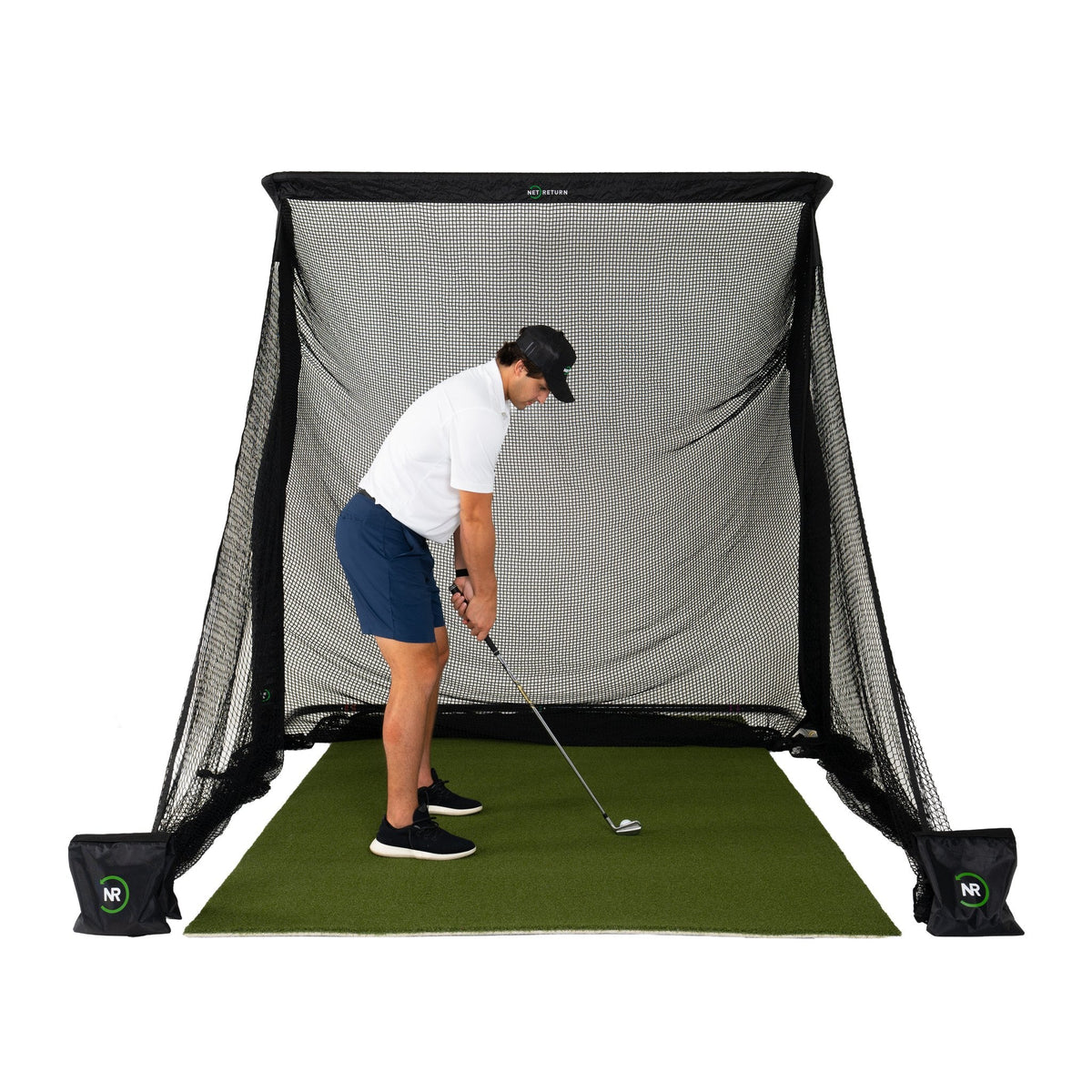 Golfer hitting into the Pro 8 net of The Net Return Pro Large Golf Package