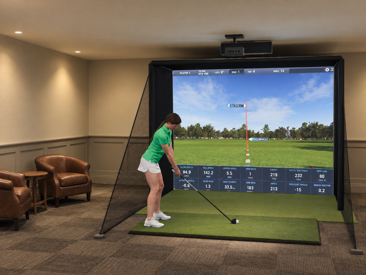 ProTee VX All-In-One Golf Simulator, 10W x 7.7H x 5D enclosure (3D render)